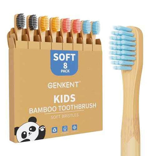 GENKENT 8 Counts Kids Bamboo Toothbrushes BPA Free Soft Bristles Travel Tooth Brush Natural Charcoal Toothbrush