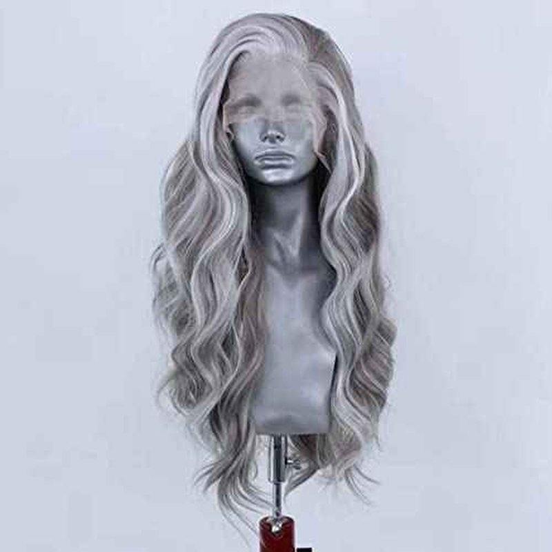 RONGDUOYI 24Inch Grey Mixed White Natural Wave Wig for Women Highlight Lace Front Wig with Natural Hairline Free Part Synthetic Daily Wear Wig
