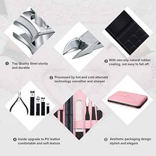Manicure Set Professional Nail Clippers Kit Pedicure Care Tools- Stainless Steel Women Grooming Kit 18Pcs for Travel or Home (Pink)