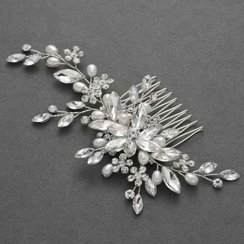SWEETV Wedding Hair Comb Pearl Bride Hair Pins Flower Hair Piece Rhinestone Bridal Hair Accessories for Women and Girls