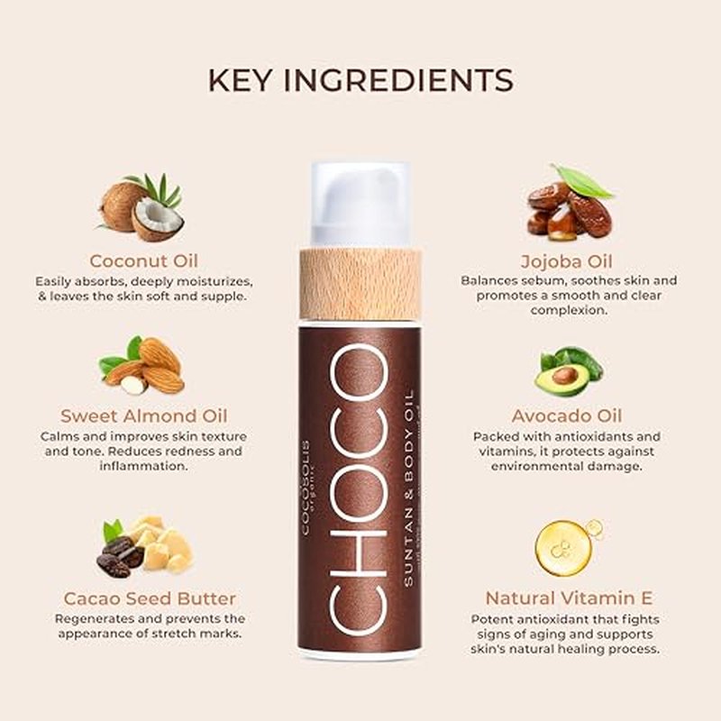 COCOSOLIS CHOCO Suntan & Body Oil XL - Organic Tanning Oil - Deep Chocolate Tan - Tanning Lotion Accelerator for Indoor and Outdoor Tanning Beds (6.76)