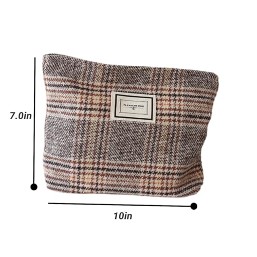 Travel Checkered Makeup Bag, Corduroy Cosmetic Bag for Purse, Small Cosmetic Zipper Pouch Cute Travel Checkered Makeup Bag Gift for Women,Girls (england brown)