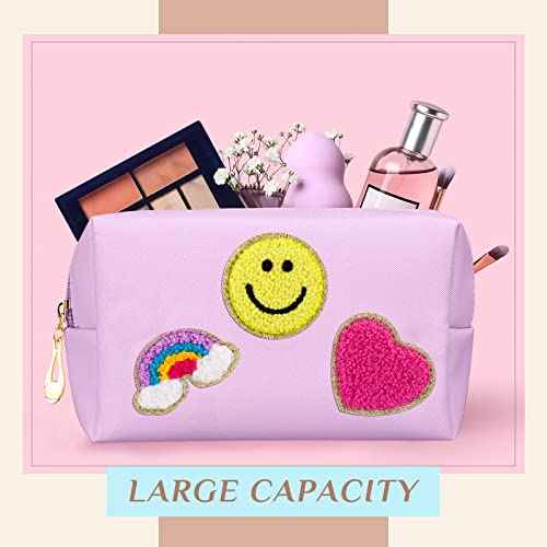 Sanwuta 12 Pcs Christmas Preppy Patch Makeup Bag Chenille Letters Cosmetic Bag PU Leather Preppy Organizer Small Smile Heart Toiletry Pouch Portable Waterproof Storage Purse Pouch for Women Adults