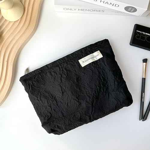 Makeup Bag Cosmetic bag Preppy Embroidery Canvas Toiletry Bag for women Cute zipper pouch Organizer Travel accessories (Pure Black Embossing, Large)