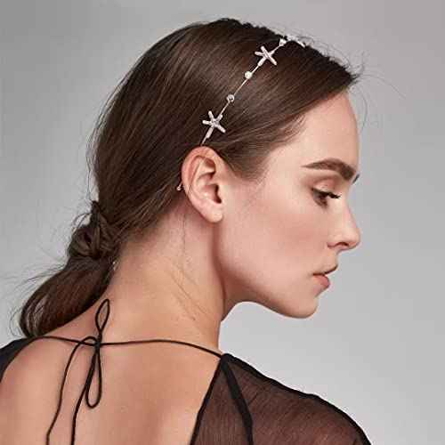 3pcs Rhinestone Starfish Headbands Handmade Pearl Seashell Mermaid Headbands Crystal Hair Hoops Bridal Headpiece Vine Tiara Halloween Beach Wedding Hair Accessories for Bride Women Silver Gold