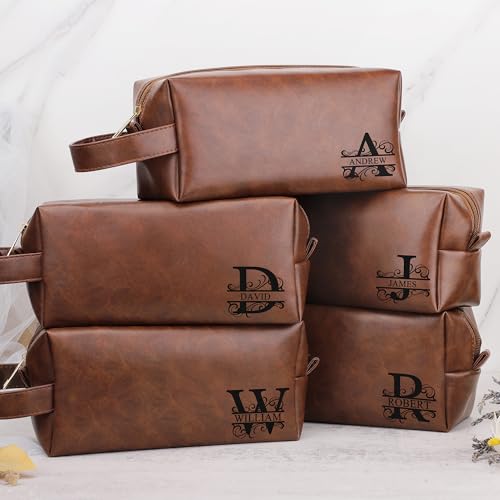 Mens Toiletry Travel Bag Initial J, Personalized Leather Toiletry Bag for Men, Anniversary Christmas Valentines Fathers Day Birthday Gifts for Husband Dad Grandpa Brother
