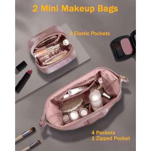 Wedama Makeup Bag Gift for Women, Double-layer Cosmetic Bag with Jewelry Storage and Brush Holder 3 Pcs Velvet Makeup Organizer Bag Gift Set Travel Toiletry Bag for Women Girls, Pink