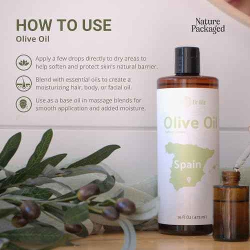 Olive Oil - 100% Pure Cold Pressed Natural Olive Oil (Aceite de Oliva) for Essential Oils Dilution, Massage & Skincare - Premium Grade (16oz)