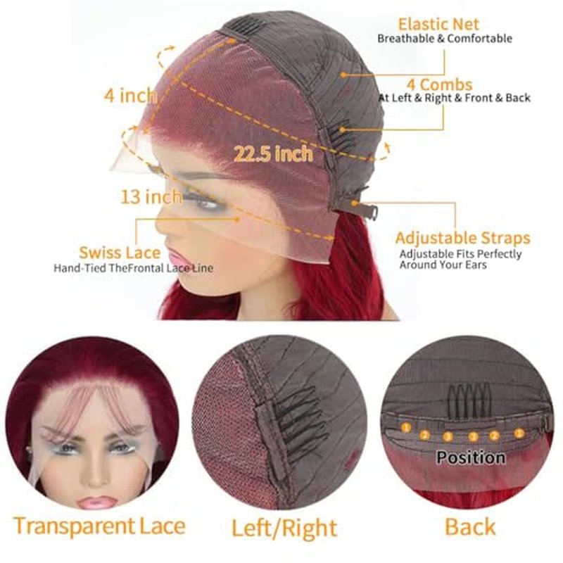 99j Burgundy Body Wave 13x4 Lace Front Wigs Red HD Transparent Lace Frontal Wigs Human Hair Pre Plucked with Baby Hair 22 inches Wine Red Colored Body Wave Wigs for Women Full and Thick 220% Density
