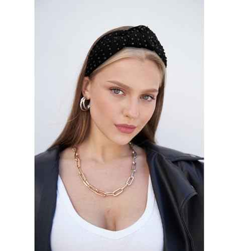YISSION 1PC Pearl Knotted Headband for Women Non Slip Beaded Headband Wide Pearl Headbands for women Jeweled Embellished Hairband Black Head Band Hair Accessories for Women Girls