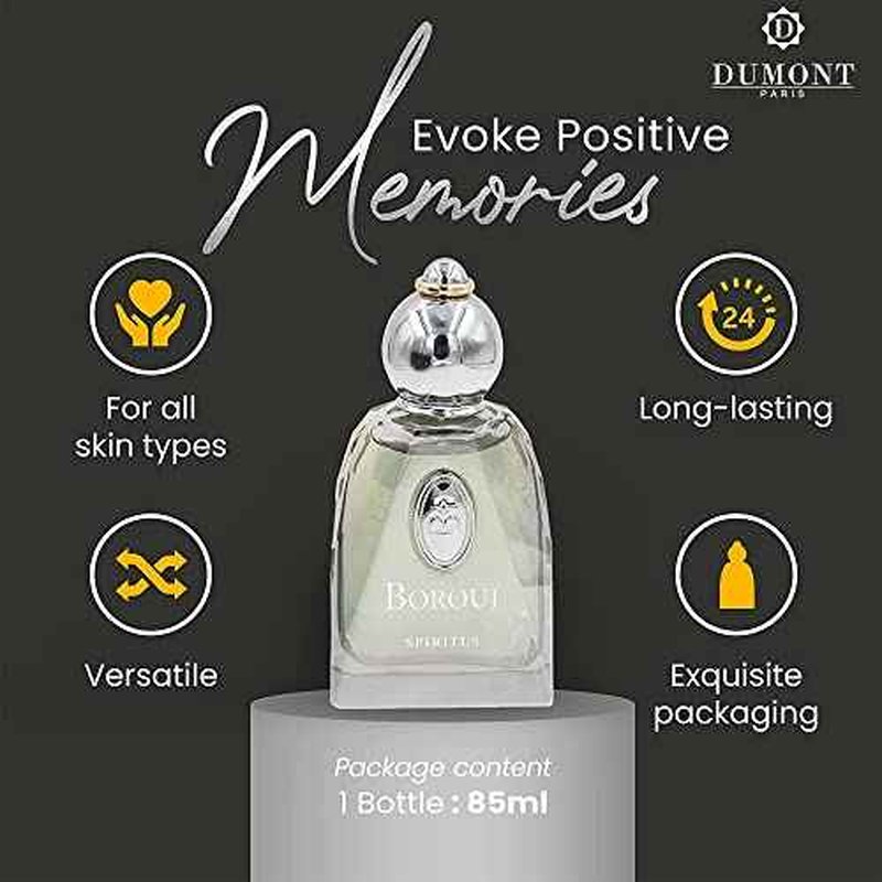 Dumont BOROUJ SPIRITUS - 85ml - Unisex Perfume for Men & Women - Long Lasting Cologne Mist & Body Spray with Aromatic Floral, Amber & Musk Fragrance - for Him & Her