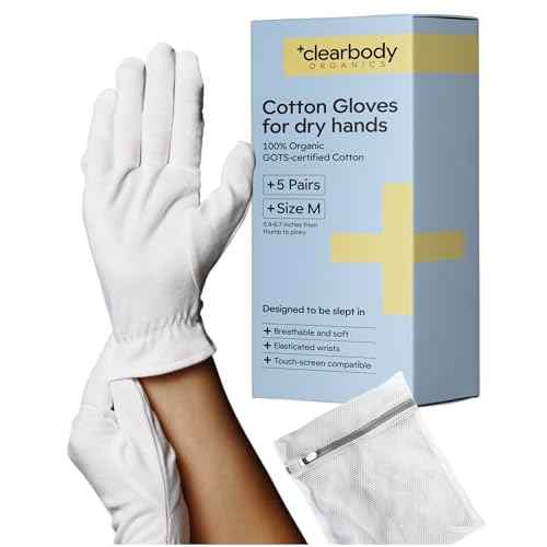 Clearbody Organics 100% Organic Cotton Gloves - 5 Pairs, Medium, White - Overnight Moisturizing White Gloves for Dry Hands