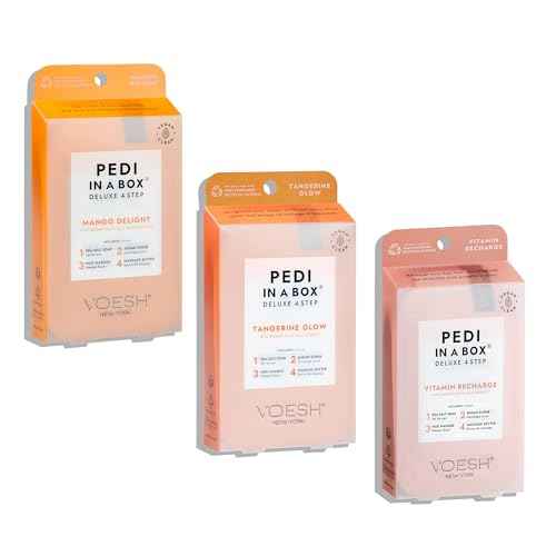 VOESH Pedi in a Box 4 Step Fruity Trio - 3 Pack of Mango Delight, Tangerine Twist & Vitamin Recharge Pedis, Home Pedicure, Vegan Foot Care, DIY Pedi