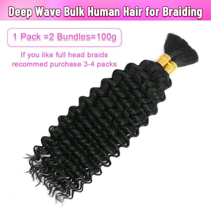 Human Braiding Hair for Boho Braids Curly Deep Wave Bulk Human Hair for Braiding 100% Human Hair for Braiding Hair Wet and Wavy Boho Knotless Braids Hair No Weft 2 Bundles/Pack 20 Inch