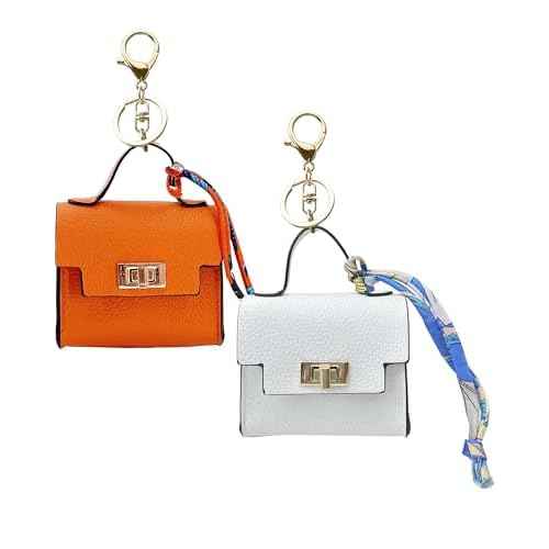 2 pack Mini Purse Keychain PU Leather Tiny Bags Pouches for Purse Pocket Bag Card Holder Data Cable Organizer Pouch Orange White (Orange + White)