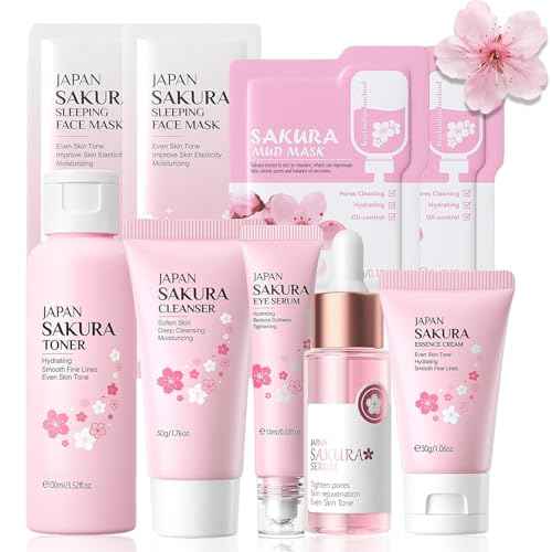 9PCS Japan Sakura Skin Care Set, Sakura Skin Care For Teens 10-12, Skincare For Girls 10-12, Teen Skin Care Kits For Girls Ages 11-14 With Toner,Cleanser,Eye Serum,Face Serum,Face Cream