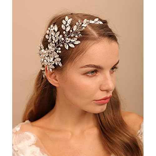 Rhinestone Crystal Flower Hair Comb with Headpiece for Bride, Wedding and Women Girls Silver