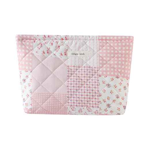 Quilted Cotton Makeup Bag,Coquette Floral Quilted Cosmetic Bag, Travel Toiletry Makeup Bag for Women and Girls, Aesthetic Travel Organized Cosmetic Pouch(09 Patchwork Pink)