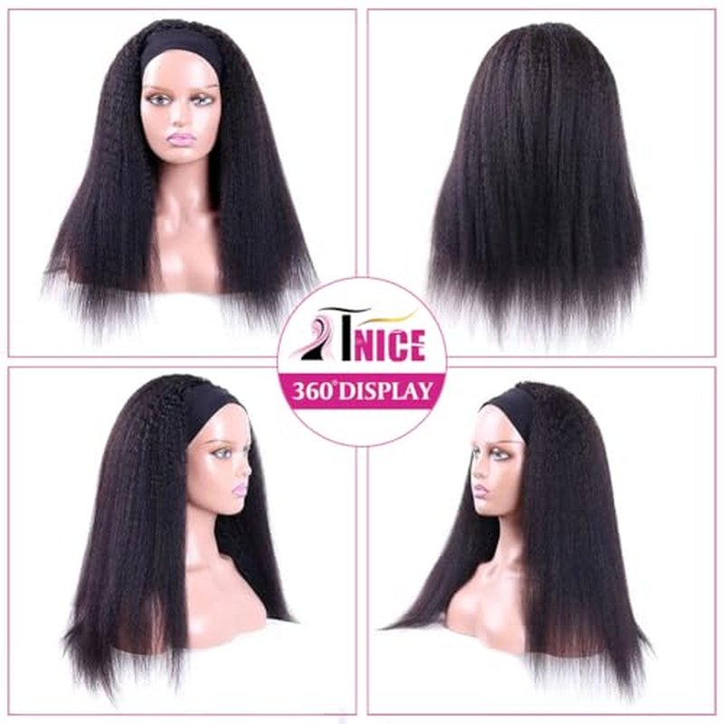 TNICE Kinky Straight Headband Wig Human Hair 18 Inch Headband Wigs for Black Women Glueless None Lace Front Yaki Straight Human Hair Headband Wig Brazilian Virgin Hair Wigs Natural Black 180% Density