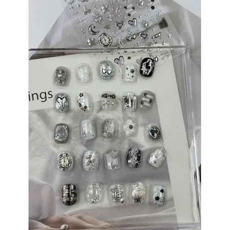 Silver Nail Art Stickers Heart Star Nail Decals with Metal Design 5D Embossed Self Adhesive Clock Nails Stickers Charms Supply for Women Girls Kid Manicure DIY Decorations