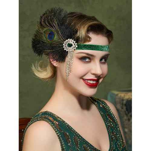 SWEETV 1920s Flapper Headpiece for Women, Roaring 20s Flapper Headband Great Gatsby Hair Accessory for Women,Green