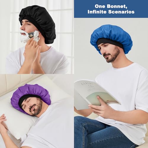 3Pcs Satin Bonnets for Men, Hair Bonnet for Sleeping Women Soft Elastic Band Silk Sleep Bonnet for Curly Hair Braids