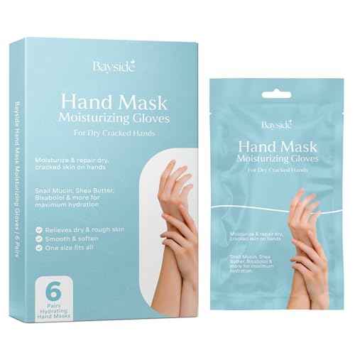 Hand Mask Moisturizing Gloves for Dry Cracked Skin | Hydrating Treatment with Snail Mucin Shea Butter Hyaluronic Acid Bisacolol Vitamin E | Softening Exfoliator for Hands, Repair Glove Mask | 6 Pairs