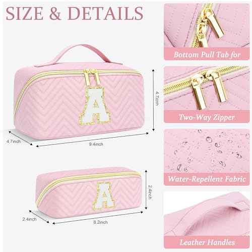 Makeup Bag Travel Toiletry Bag, Personalized Initial Pink Makeup Bag, Gift for Women Gils, Large Capacity Leather Cosmetic Bags, Waterproof Open Flat Organizer for Christmas, Halloween & Thanksgiving