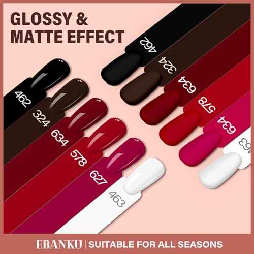 EBANKU 6 Pcs 15ML Red Gel Nail Polish Set- Dark Red Burgundy Gel Polish Same Color Same Bottle Soak Off Gel Polish Kit Nail Art Manicure Christmas Gifts for Women (Dark Red White Black Brown)