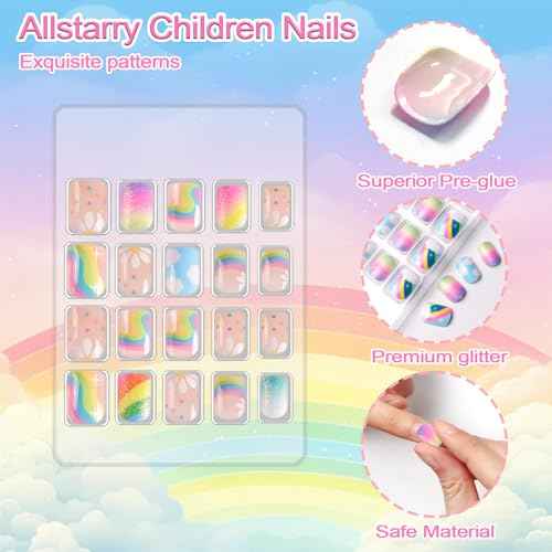 Allstarry 6 pack Children Nails Press on Pre-glue Full Cover Glitter Rainbow Flower Star Short False Nail Kits Lovely Gift for Children Little Girls Nail Art Decoration - Dreamy Rainbow