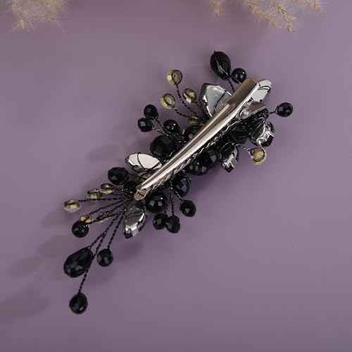 Teyglen Bridal Rhinestone Hair Clip Black Pearl Crystal Hair Barrette Sparkly Hair Piece Wedding Hair Clips Hair Accessories Jewelry for Women (Black)