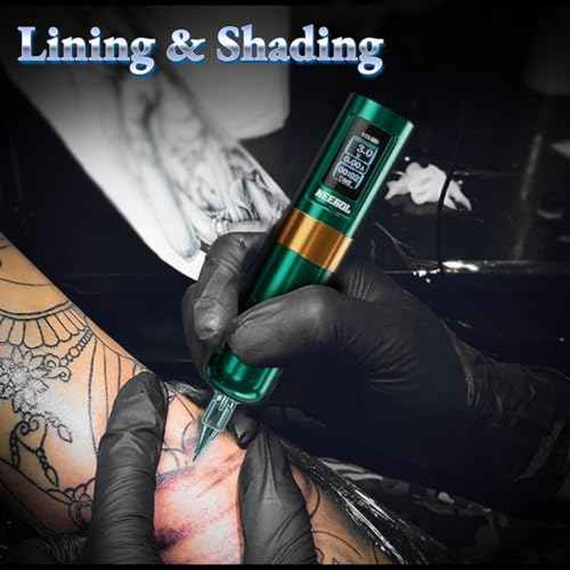 NEEBOL Wireless Tattoo Gun Rotary Tattoo Machine LED Display Screen High-end Tattoo Pen Equipment Supply 8 Hour Battery Life Extra Battery Permanent Tattoo Art Makeup Gift (Green)