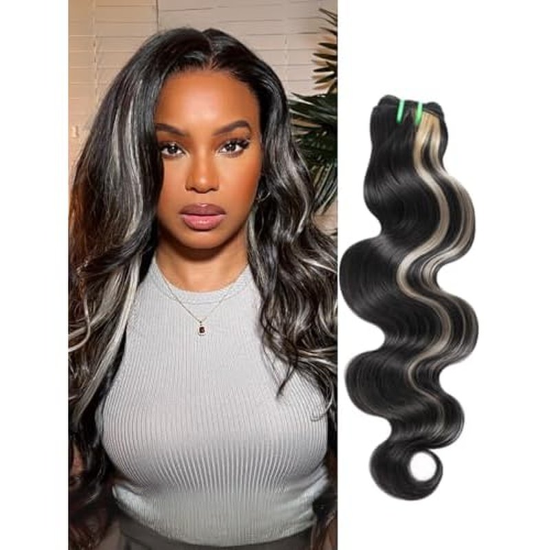 Black With Blonde Highlight Body Wave Single Bundles Human Hair 18 In, Blonde Highlight Skunk Stripe Bundles Thick Track Sew In # F1B/613 Ombre Balayage Colored Brazilian Quick Weave Sew In Remy