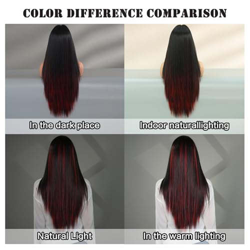 7JHH WIGS 31in Ombre Red Black Long Straight Highlight Wigs with Curtain Bangs Natural Heat Resistant Synthetic Fiber Layered Highlight Midlle Part Women Wigs for Chrismas Daily Party Daily Used