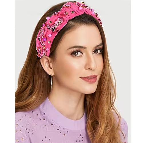 Western Cowgirl Headband Accessories for Women Beaded Cowboy Boot Embellished Headband Rhinestone Crystal Pearl Top Knot Hairband Rodeo Nashville Bachelorette Party Country Concert Outfit (Hot Pink)