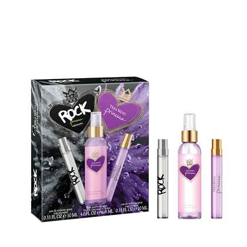 Vera Wang Princess + Rock Princess, Body Mist and Eau de Toilette Spray (2) 3 Piece Gift Set, Notes of Peach, Jasmine, and Vanilla, Women's Fragrance, Long Lasting, Everyday Fragrance