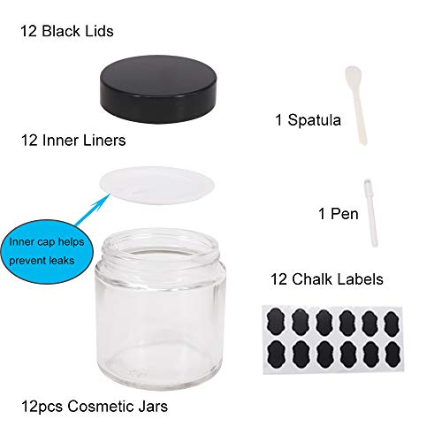 12 Pack 4 oz Clear Glass Travel Cosmetic Jars, Refillable Cosmetic Containers with Inner Liners, Lids, Spatula, Chalk Labels, Beauty Jars for Sugar Scrubs, Cream, Bath Salts, Slime