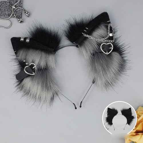 Furry Cat Ears Headband Punk Gothic Heart Clips Animal Ears Hair Hoop for Halloween Cosplay Costume Party
