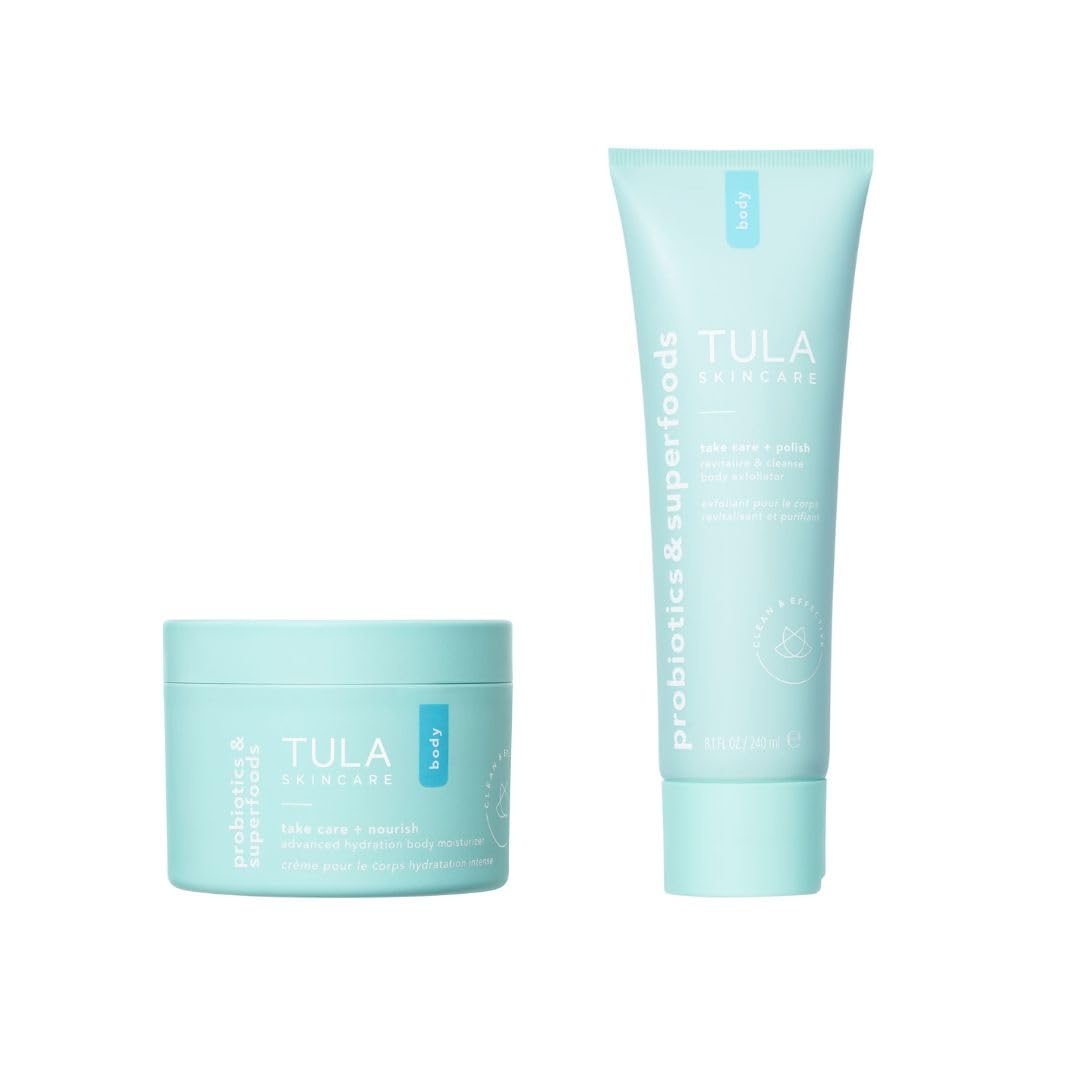 TULA Skin Care | Body Care Duo, Take Care + Nourish Advanced Hydration Body Moisturizer & Take Care + Polish Revitalize & Cleanse Body Exfoliator | 2 Piece