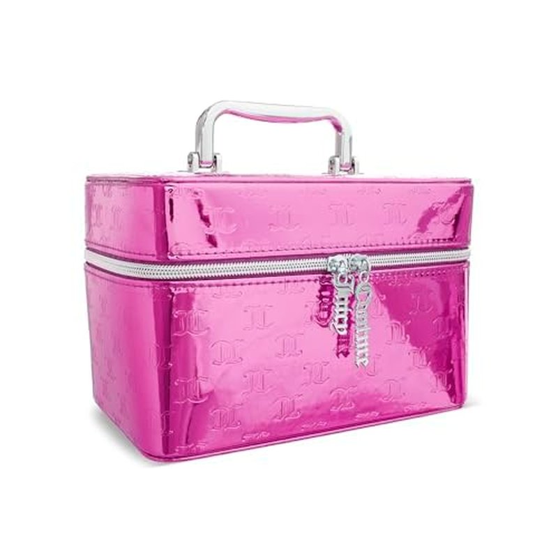 Juicy Couture Hot Pink Makeup Bag Cosmetics Organizer Travel Essentials Train Case Shiny Logo