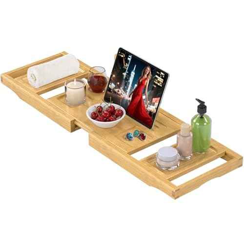 Bathtub Tray Caddy,Premium Bamboo Expandable Bath Tub Trays Table, Foldable Bathroom Accessories,Great House Warming, Anniversary and Birthday Gifts,Natural