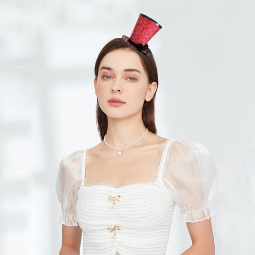 WLBON Halloween Mini Top Hat Headband 1920s Bow Sequins Hair Hoops Bands Fascinator Headpiece Hairband Women Christmas Holiday Festival Parade Cosplay Dress Up Birthday Tea Party Accessories Red
