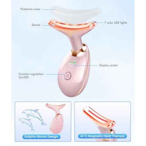 Red-Light-Therapy-for-Face-and-Neck, 7 Color Face Massager Tool for Wrinkles, Double Chin, Vibrating Facial Massager with Thermals for Skin Care, Glossy Pink
