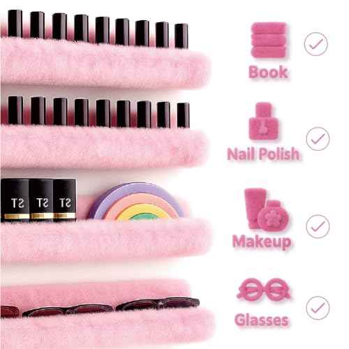 Care&More YJ 15 Inch Nail Polish Shelves, 4-Pack Fuzzy Display Nail Polish Rack for Storing Nail Bottles, Sunglasses, Essential Oils, Plush Soft Pink