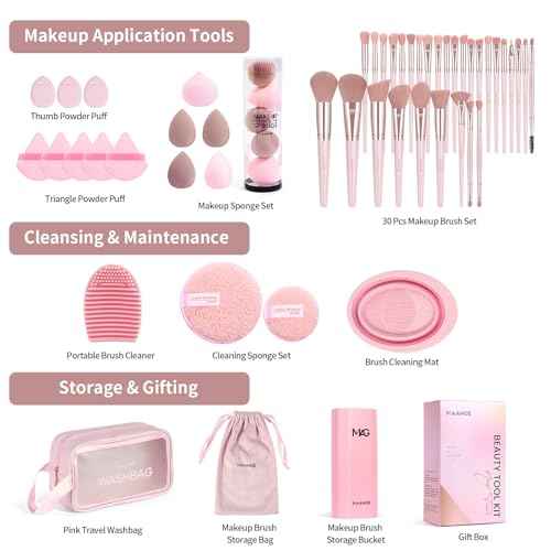 MAANGE Makeup Brush Set 51 PCS Professional Makeup Brushes for Foundation Powder Concealers Eye shadows Blending Blush Travel Make up Brush Kit (Pink)