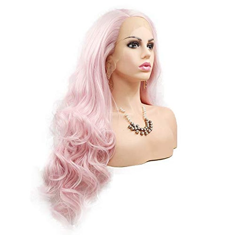 Pink Lace Front Wigs for Women Long Wavy Synthetic Hair Wig Soft Lace Wig with Natural Hairline Glueless Heat Resistant Fiber Hair for Women 24 Inch Cosplay Wigs (Pastel Pink)
