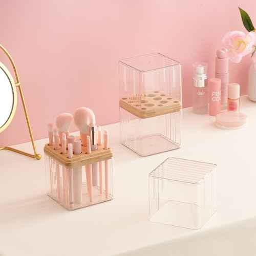 SUNFICON Makeup Brush Holder with Cover Makeup Brush Container With Lid Clear Makeup Brush Holder Organizer Waterproof Dustproof Beauty Brushes Storage Case Stand for Vanity Bathroom Countertop,Gift