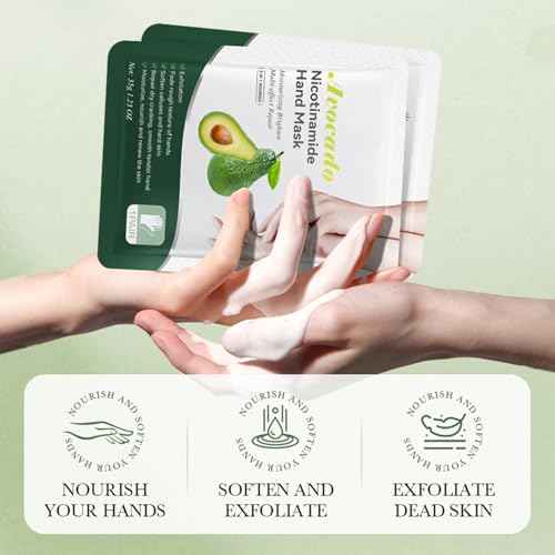 Hand Masks for Dry Cracked Hands - 6 Pairs Avocado Intensive Lotion Moisturizing Gloves - Hydrating Exfoliating Glove Repair Rough Skin - Deep Moisture Spa Hand Masks to Remove Dead Skin Nourishing