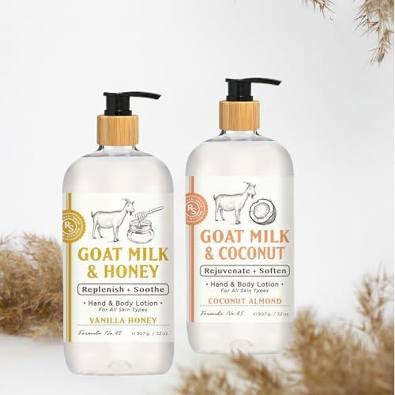 Raes Lil Shop Goats Milk Hand & Body Lotion, Coconut Almond and Vanilla Honey Scents, 32 oz Set of 2 by Home and Body Company