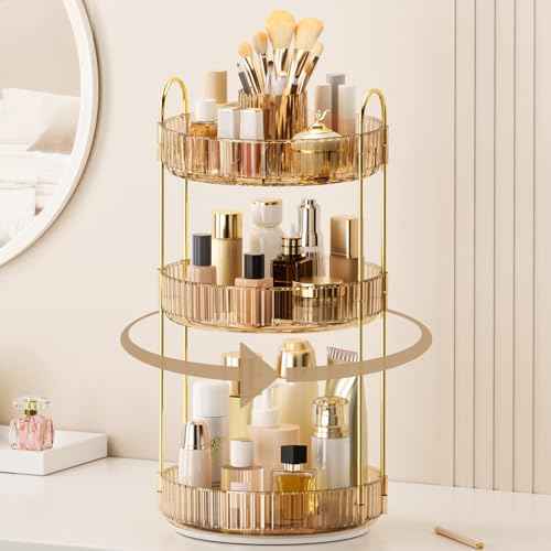 360¡Æ Rotating Makeup Organizer, Upgraded 3 Tier Skincare Perfume Organizers for Women, Bathroom Organizer Countertop, Clear Cosmetic Dresser Organizer with Makeup Brush Holder, Sink&Counter(Amber)